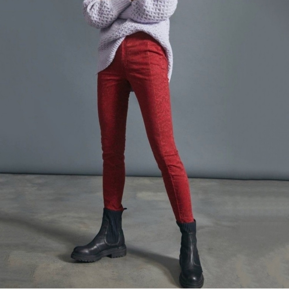 Anthropologie Pilcro High Rise Denim Leggings Red Jacquard Size 27